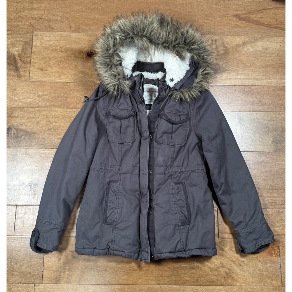 Aeropostale Military Jacket Fur Hood Cinch Waist Cotton Zip Button Y2K Womens S‎